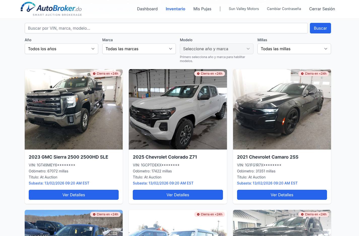 Portal AutoBroker - Vista previa del inventario de subastas